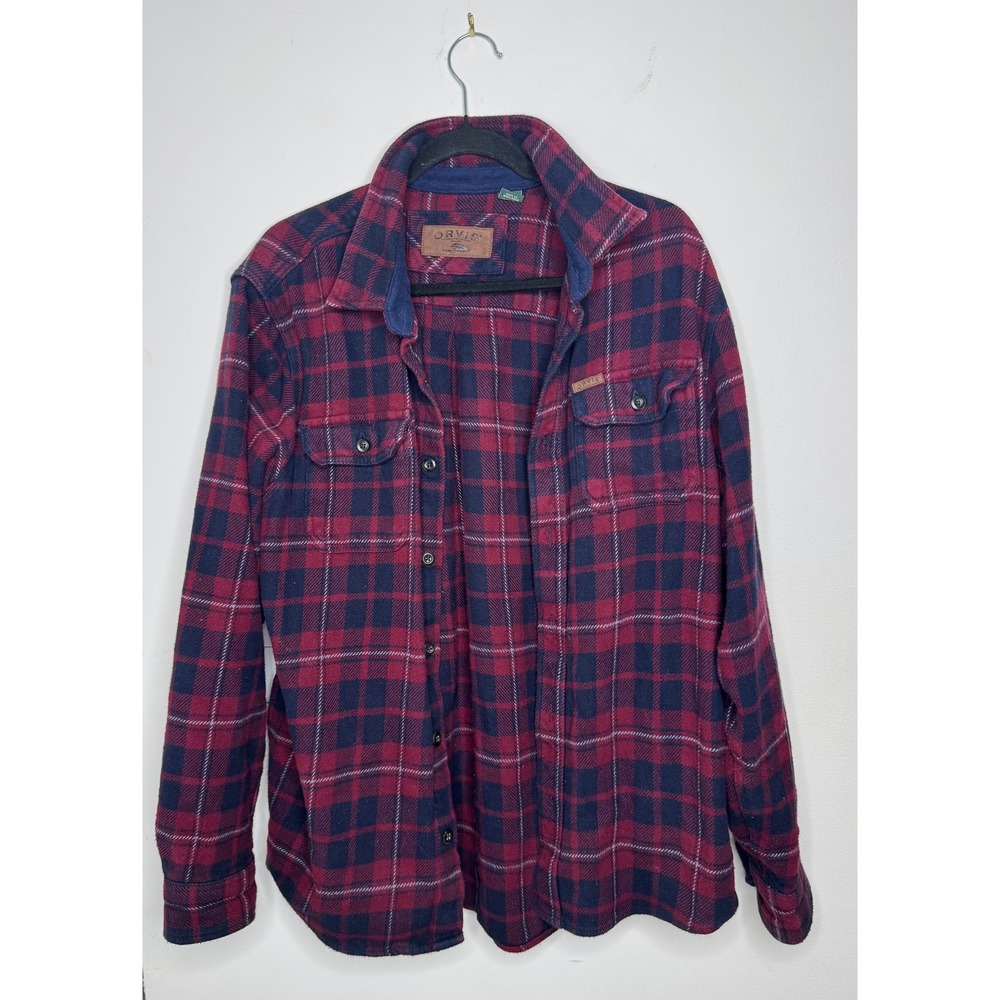 Orvis Classic Mens L Red Navy 100% Cotton Flannel Plaid Button Down Shirt